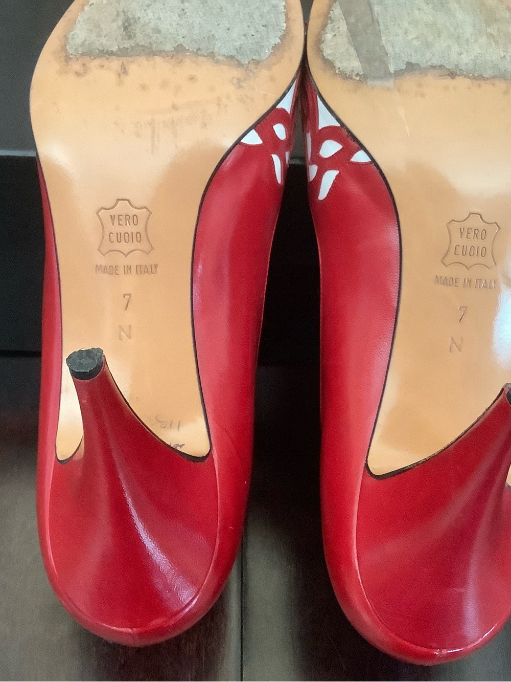 Bally Red and White Laser-Cut Pointed Toe Pumps - Picture 7 of 7